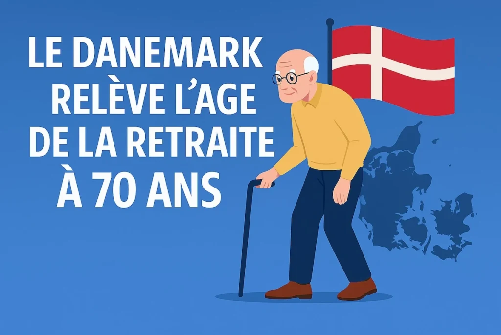 Illustration satirique d’un Danois en costume de travail avec déambulateur, franchissant la ligne d’arrivée de la retraite à 70 ans