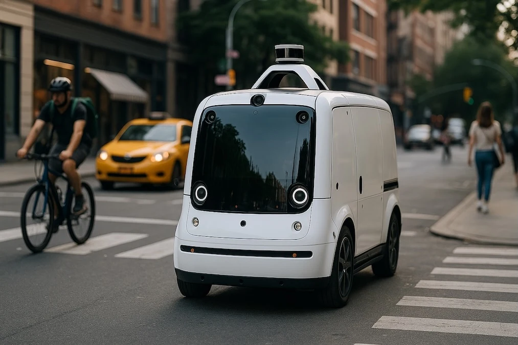 Camion de livraison autonome roulant en ville parmi piétons et vélos