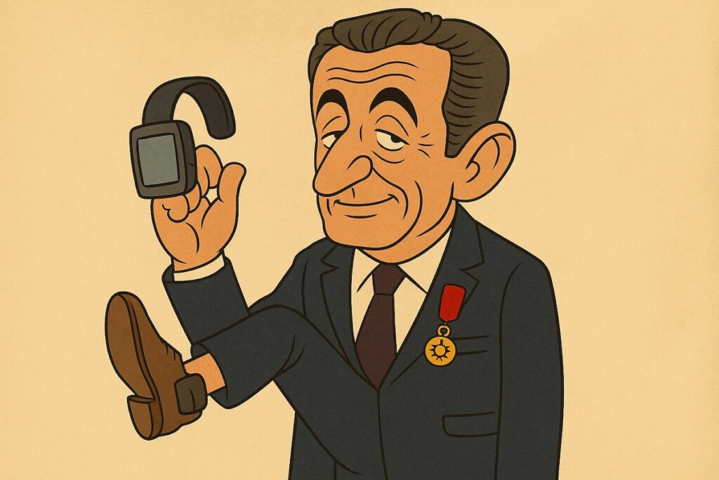Caricature de Nicolas Sarkozy sans bracelet, tenant sa Légion d’honneur