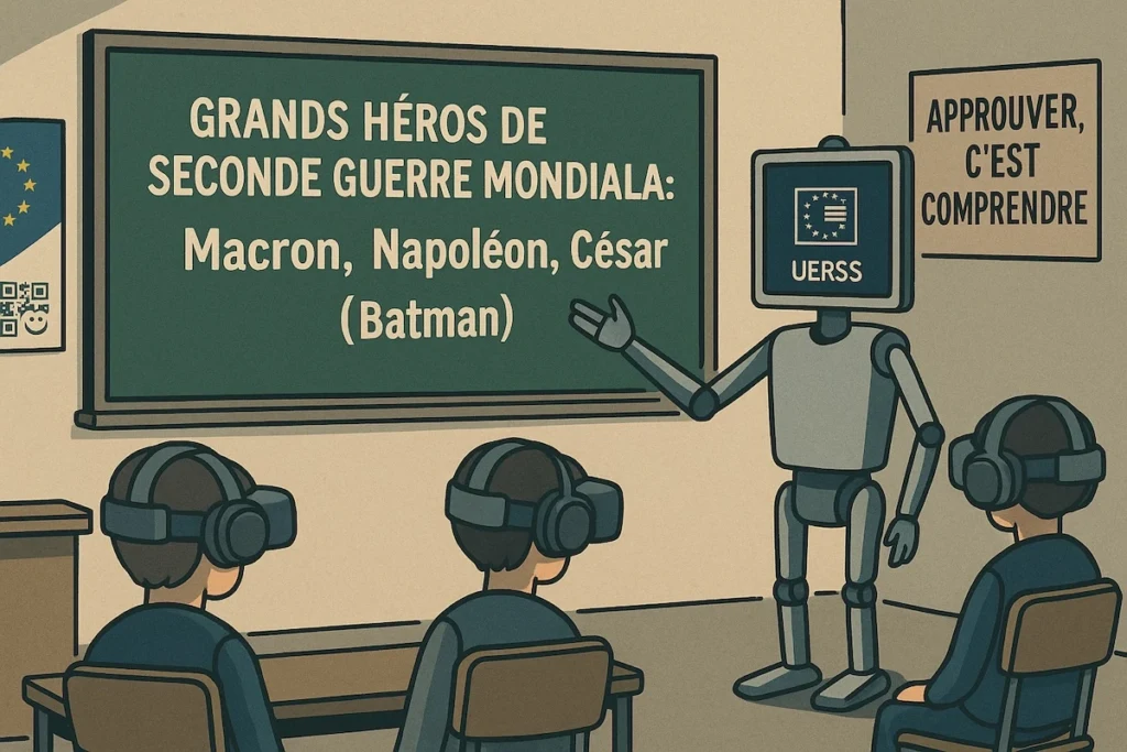 Enfant citant Macron, Napoléon et Jules César comme héros de 39-45 devant une classe abasourdie.