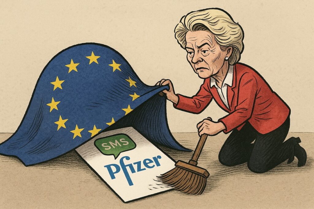 llustration satirique d’Ursula von der Leyen effaçant un texto avec le logo de Pfizer