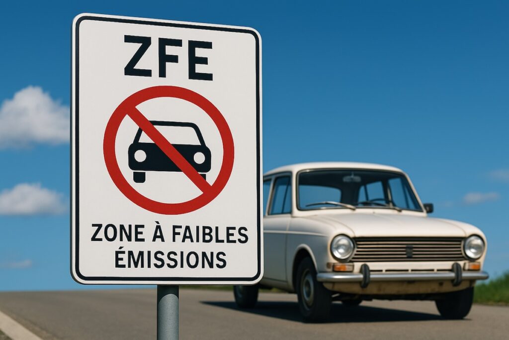 Panneau ZFE barré, ciel bleu, voiture ancienne