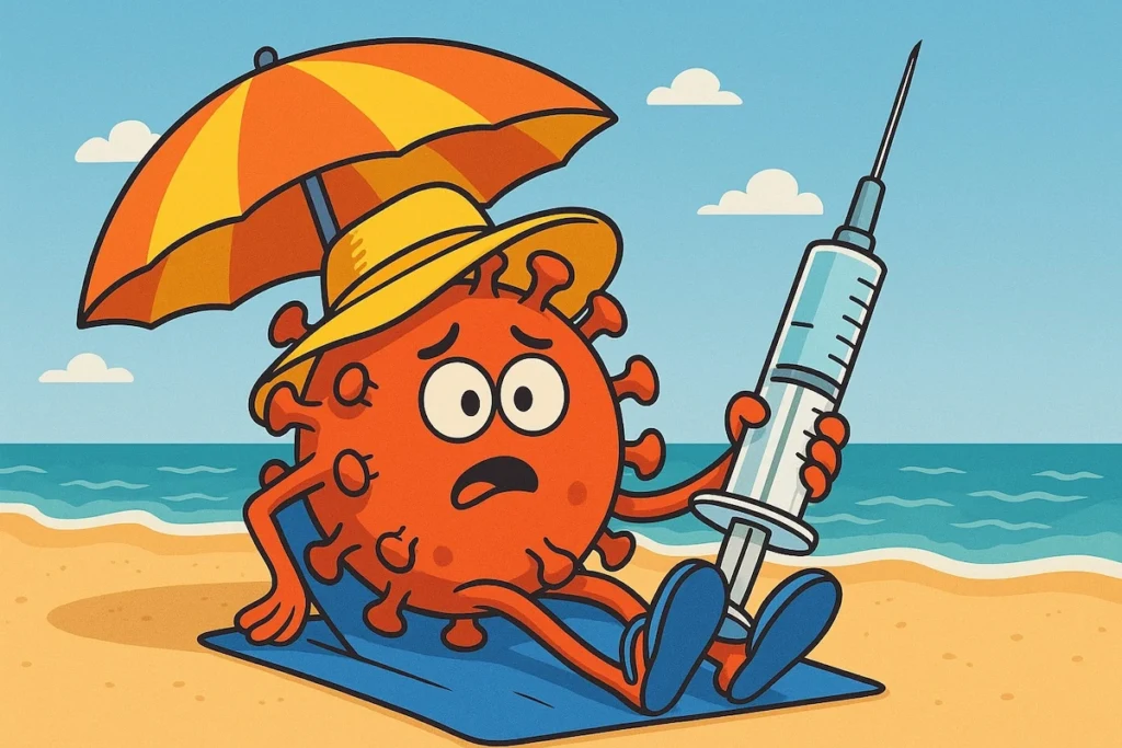 Affiche humoristique d’un virus en tongs sur une plage, avec seringue géante et parasol “vaccination”