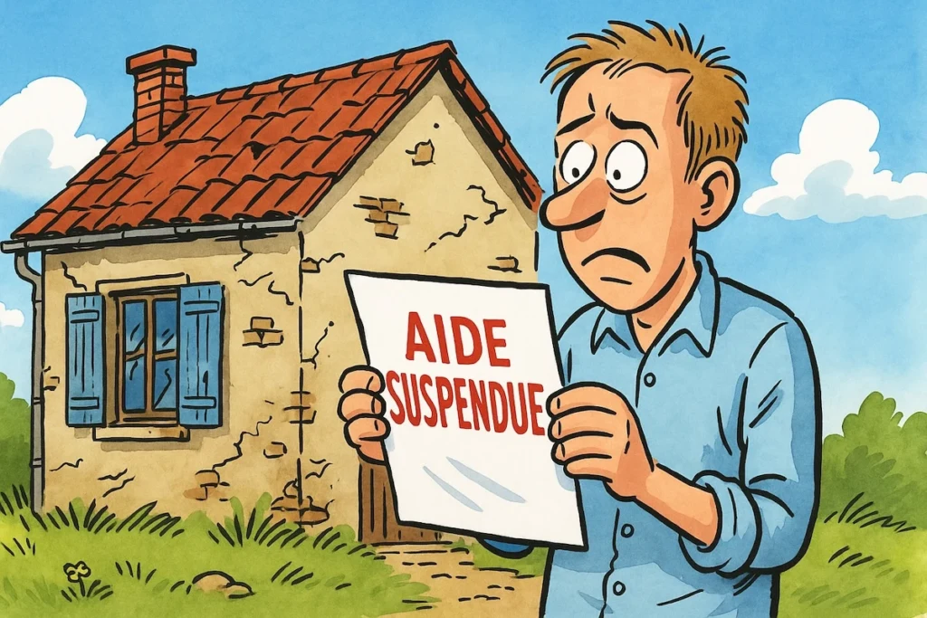 Un Français halluciné devant sa maison à rénover, lisant « aide suspendue »