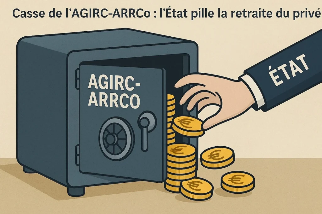 Illustration d’un coffre-fort marqué AGIRC-ARRCO avec un bras d’État qui y plonge la main en douce
