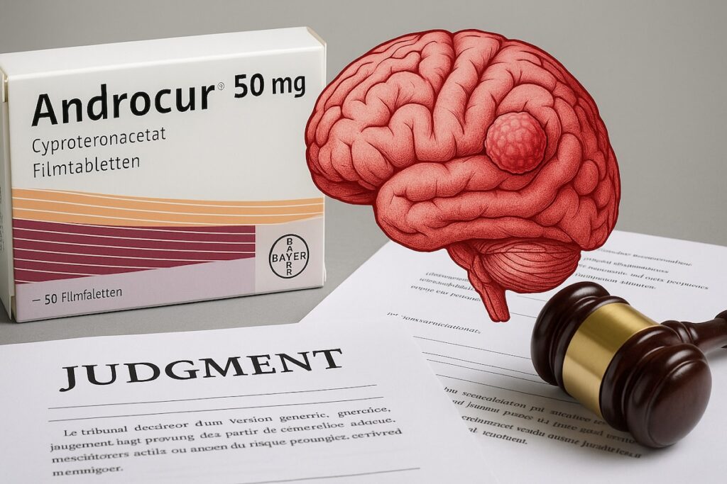 Illustration d’un cerveau médical avec une boîte d’Androcur en arrière-plan, entourée de documents judiciaires