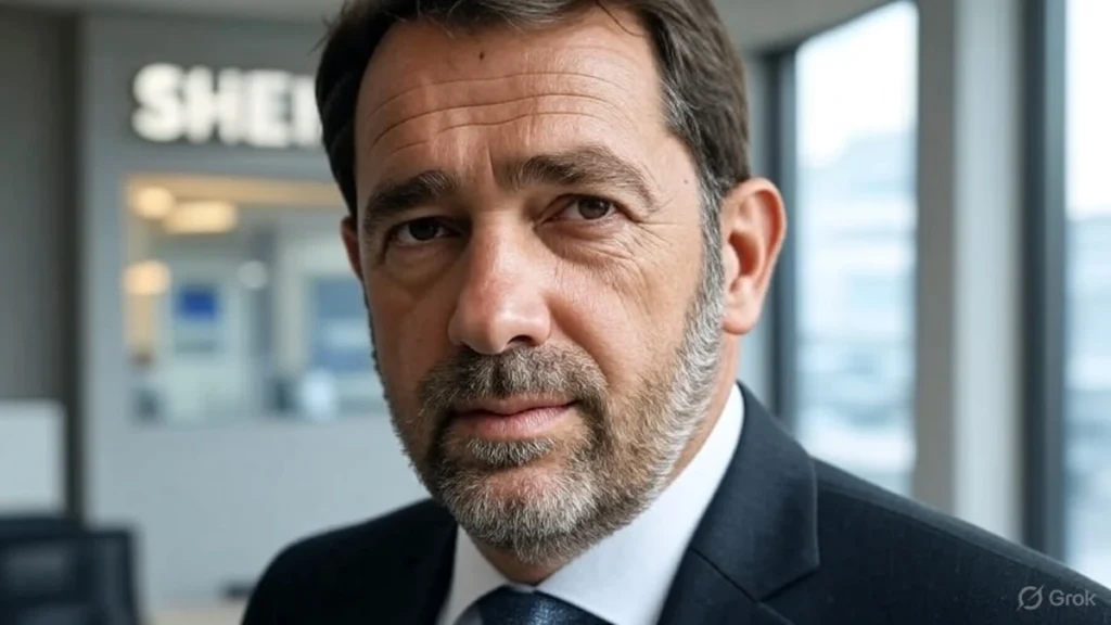 ) : Illustration d’un ex-ministre en costume, portant un tote bag Shein devant une vitrine "promo -80%