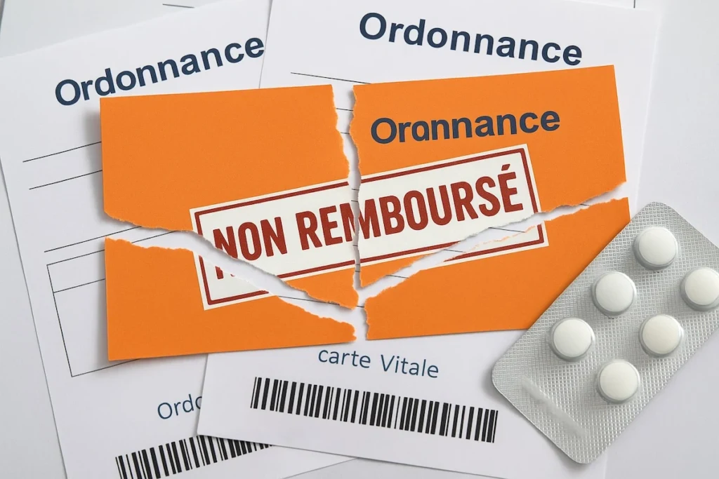 Illustration d’ordonnances déchirées avec un code-barres de la Sécu, une boîte de médicament barrée d’un “non remboursé” rouge
