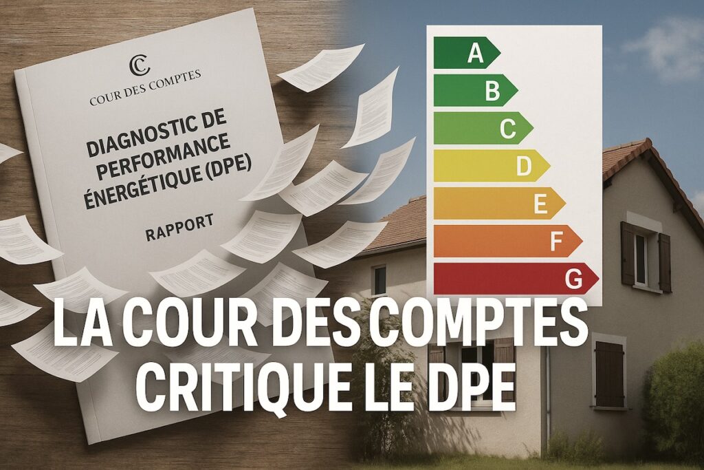 Rapport de la Cour des comptes critiquant le DPE, en toile de fond une maison notée G avec des papiers qui s’envolent