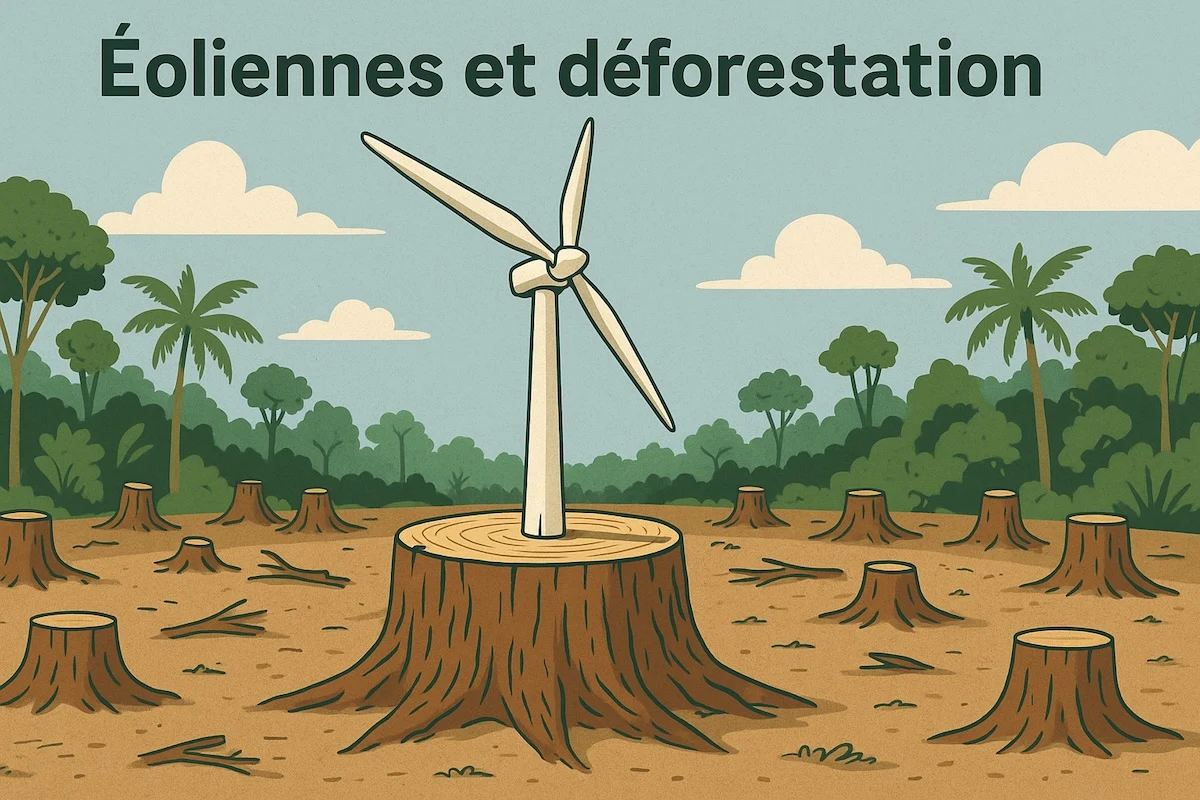 Éolienne géante plantée dans une clairière déboisée d’Amazonie