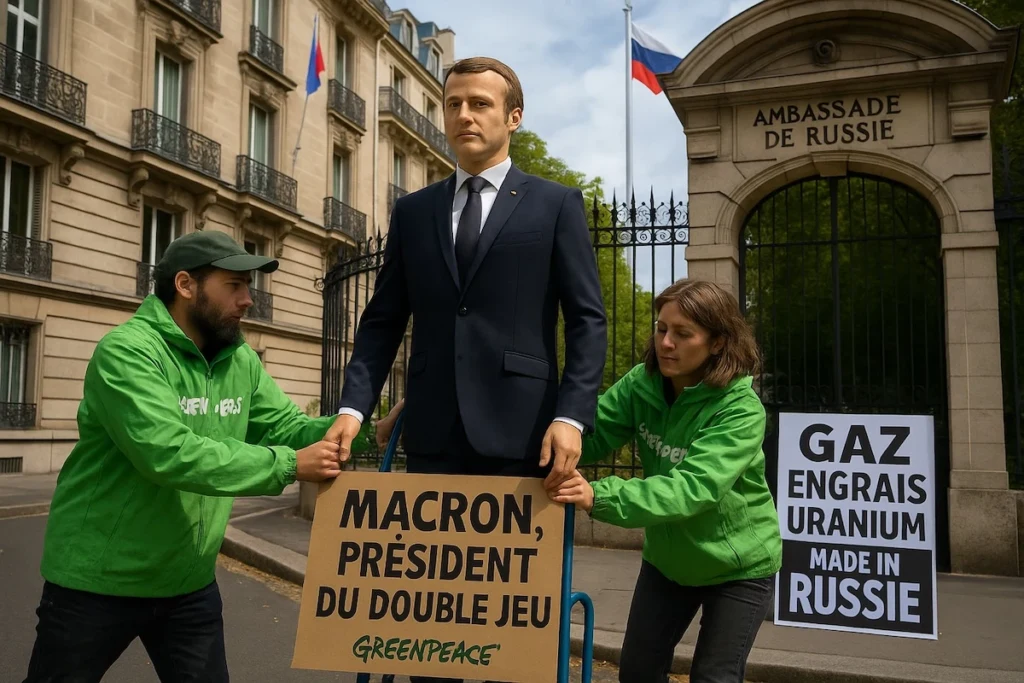 Statue de cire de Macron déplacée par Greenpeace devant l’ambassade de Russie pour dénoncer les importations françaises de gaz russe