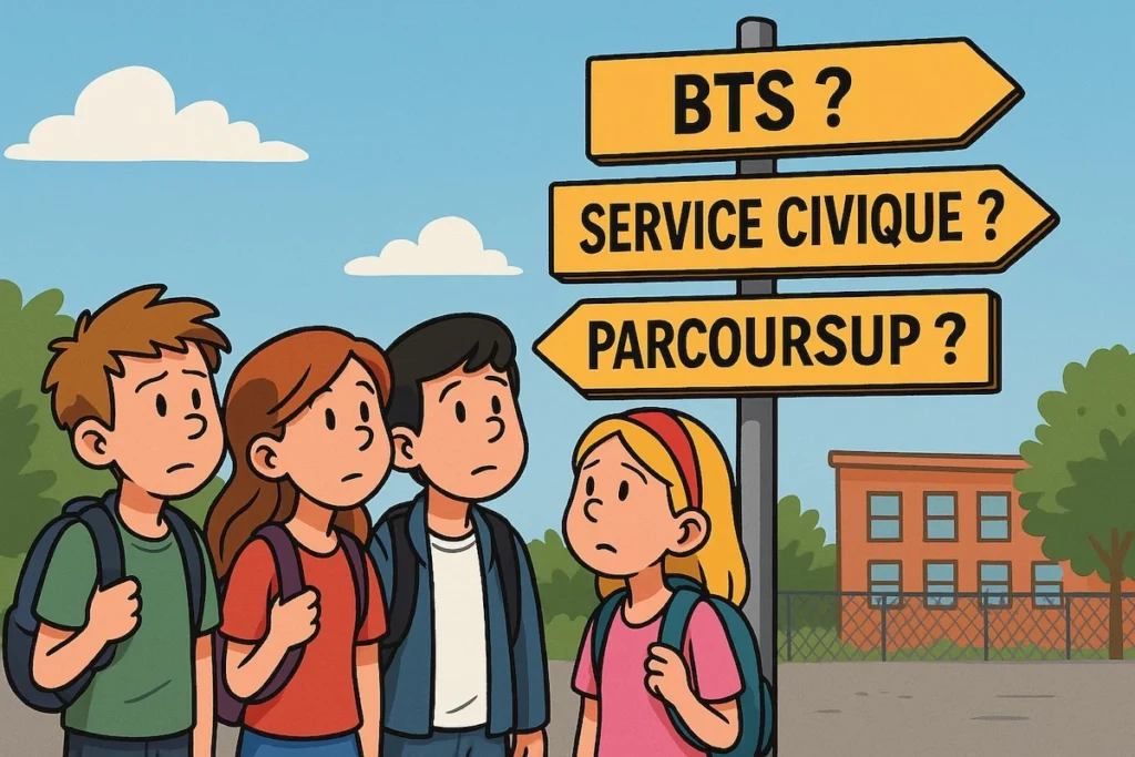 Collégiens de 5e perdus devant un panneau d’orientation « BTS ? Service civique ? Parcoursup ? »