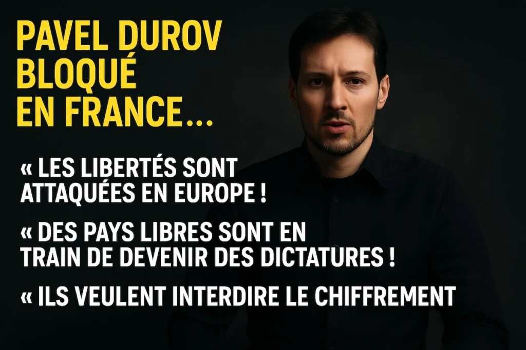 Pavel Durov, fondateur de Telegram, parlant en français depuis la France, visage grave, fond sombre