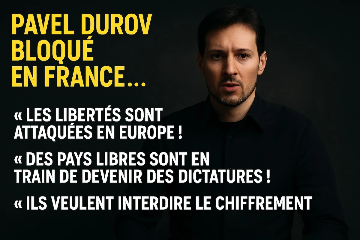 Pavel Durov, fondateur de Telegram, parlant en français depuis la France, visage grave, fond sombre