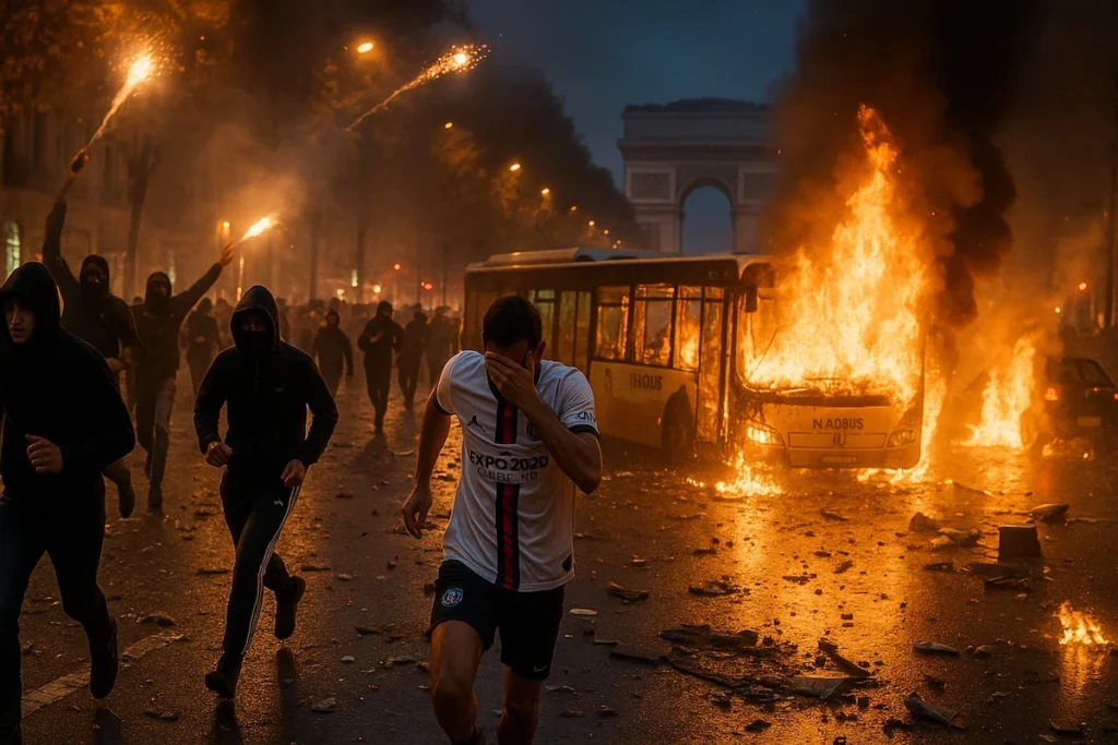Supporters PSG émeutes Paris chaos bus incendié Frankistan