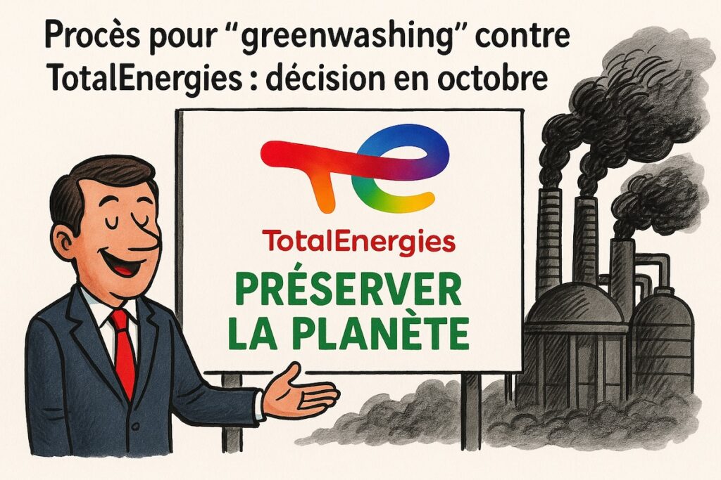 Logo TotalEnergies repeint en vert avec un baril qui fuit du pétrole, en arrière-plan un tribunal