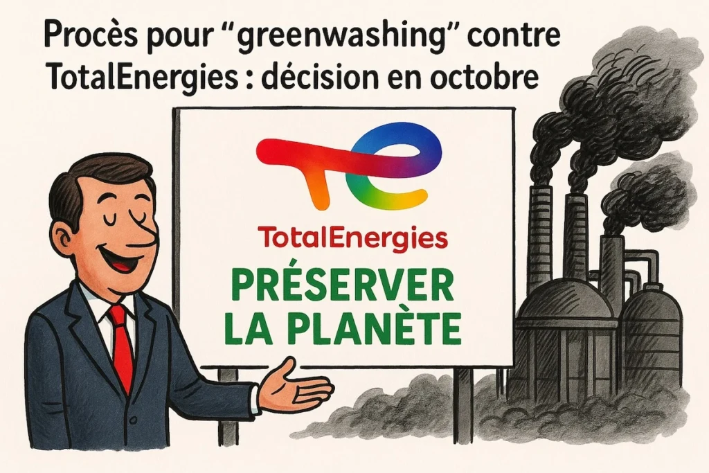 Logo TotalEnergies repeint en vert avec un baril qui fuit du pétrole, en arrière-plan un tribunal
