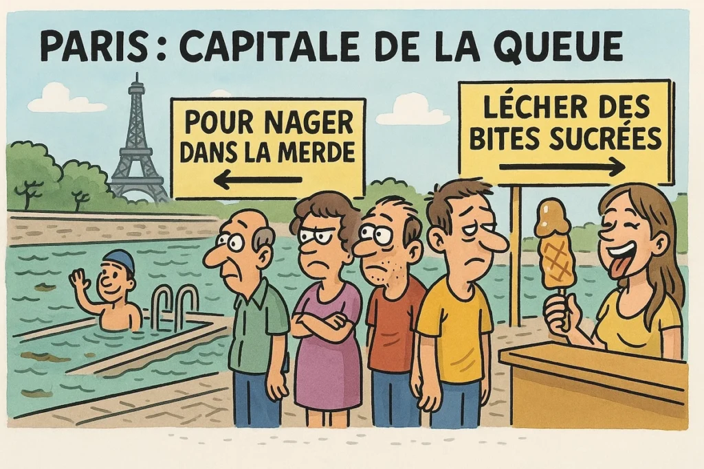 Caricature de Paris avec des files d’attente absurdes : des gens patientent pour nager dans la Seine et pour lécher des gaufres en forme de pénis, satire de la décadence parisienne.