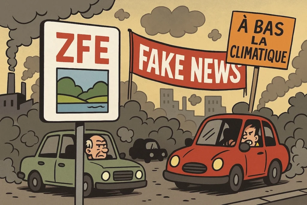 Caricature d’une ville prise entre pollution, voitures anciennes et banderoles “Fake News”