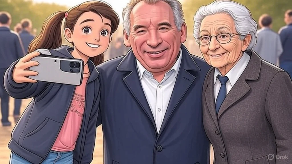 François Bayrou en selfie avec des fans de deux générations