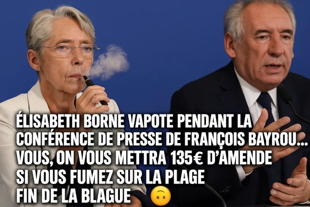 Élisabeth Borne vapotant tranquillement en conférence pendant que Bayrou parle, avec en surimpression « 135€ d’amende pour les autres »
