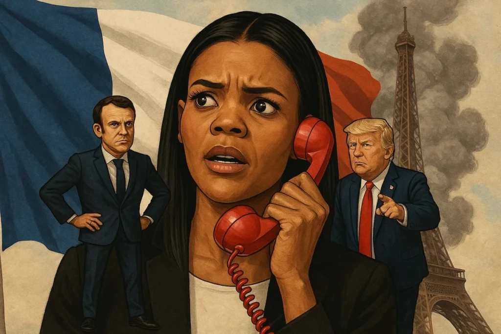 Une illustration satirique de Candace Owens avec un téléphone rouge en main, Trump et Macron miniaturisés sur ses épaules, avec en arrière-plan un drapeau français et la Tour Eiffel enveloppée de fumée (symbolisant les "négociations bloquées").