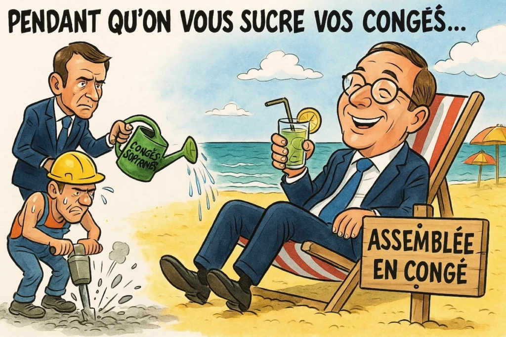 député en transat, mojito à la main, pendant qu’un ouvrier transpire dans une usine