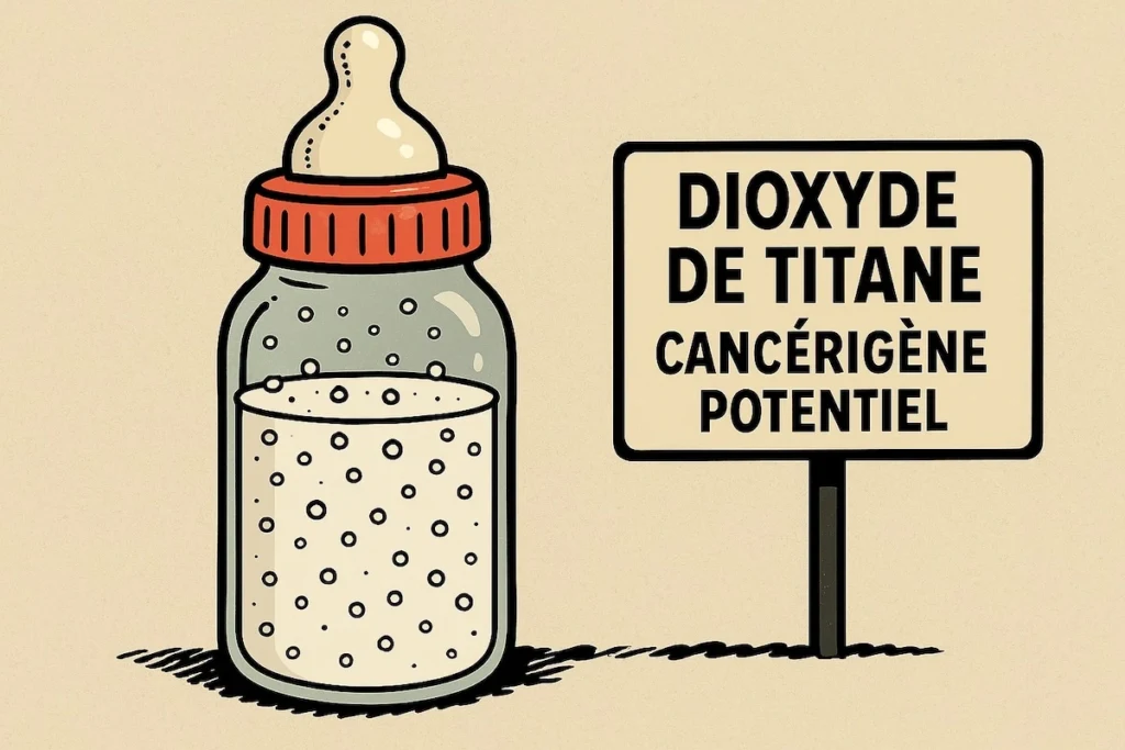 Biberon rempli de particules de dioxyde de titane, symbole de la contamination silencieuse des laits infantiles.