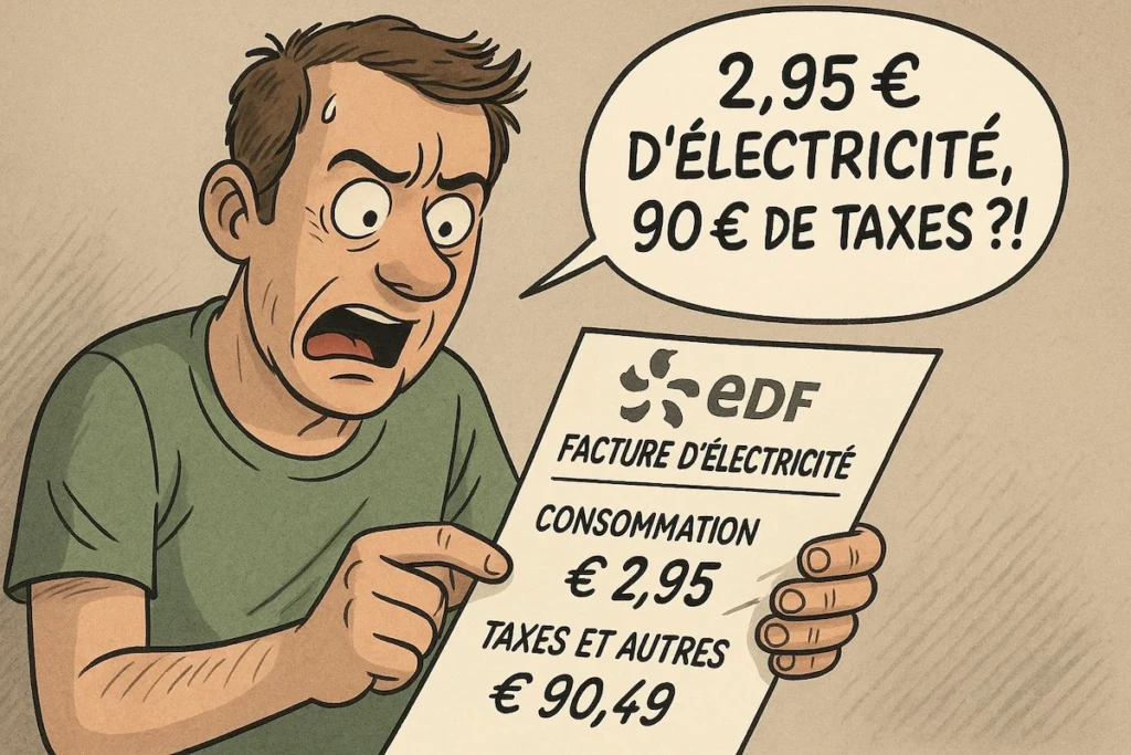 Caricature d’un Français découvrant sa facture EDF avec 90 € de taxes pour 2 € d’électricité consommée.