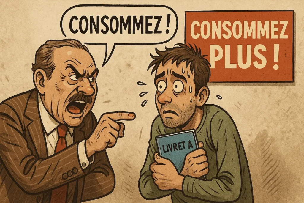 Bourgeois en colère criant « Consommez ! » devant un Français paniqué tenant son Livret A
