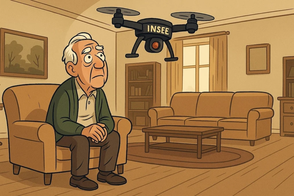 Vieil homme seul dans un grand salon, visé par un drone de l'INSEE