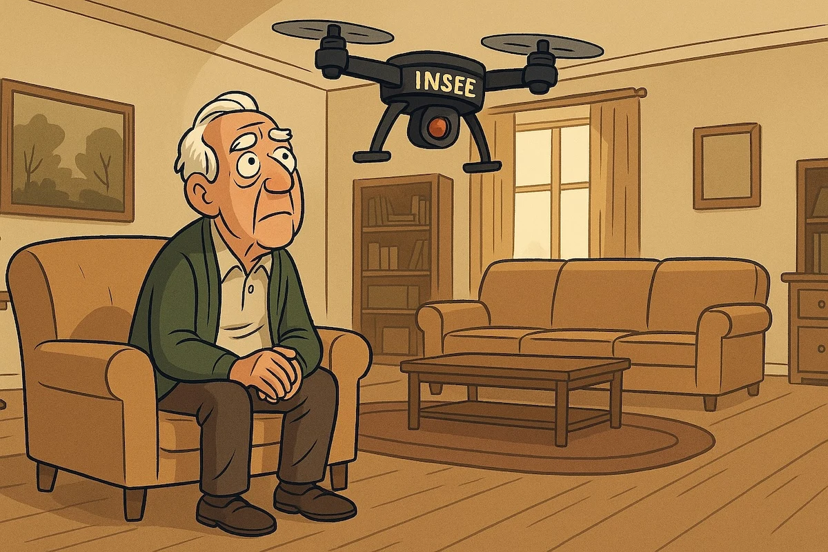 Vieil homme seul dans un grand salon, visé par un drone de l'INSEE