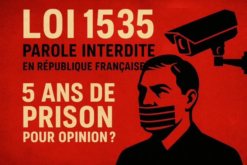 Affiche dystopique "Loi 1535 : parole interdite en République française"