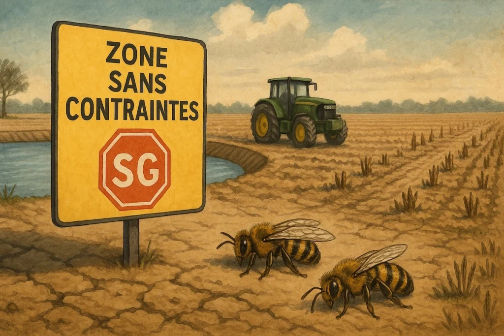 Champ désertifié, abeilles mortes au sol, panneau "zone sans contraintes"