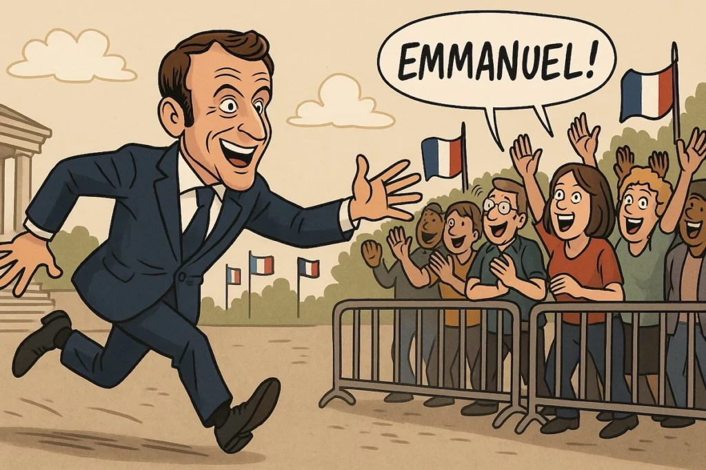 Emmanuel Macron courant vers ses fans le 14 juillet, acclamé comme une rockstar