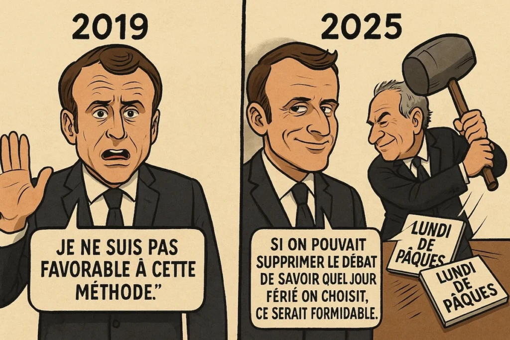 Emmanuel Macron en 2019 s’opposant à la suppression des jours fériés, puis l’approuvant en 2025 sans un mot