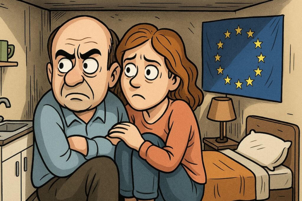 Caricature d’un couple entassé dans un micro-logement, avec un drapeau européen en arrière-plan.