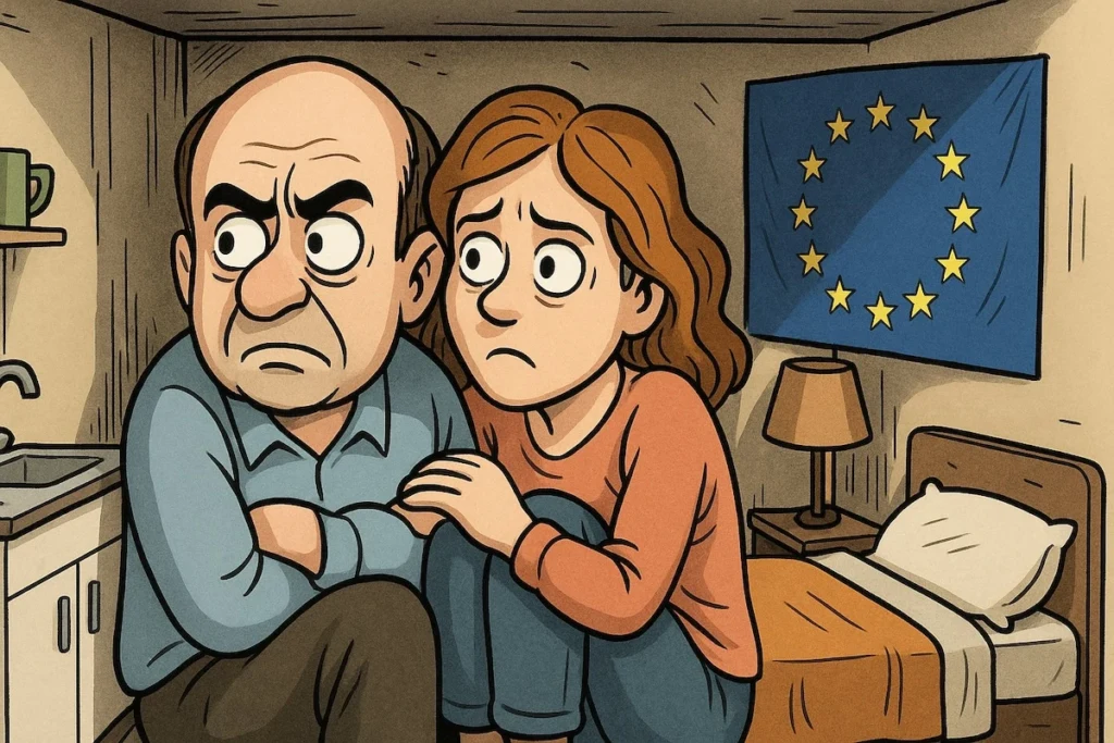 Caricature d’un couple entassé dans un micro-logement, avec un drapeau européen en arrière-plan.