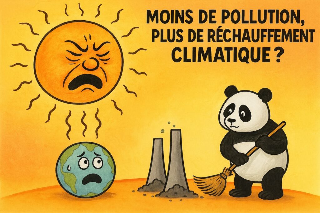Caricature d’un soleil torride irradiant la Terre, pendant qu’un panda nettoie les usines à coups de balai.