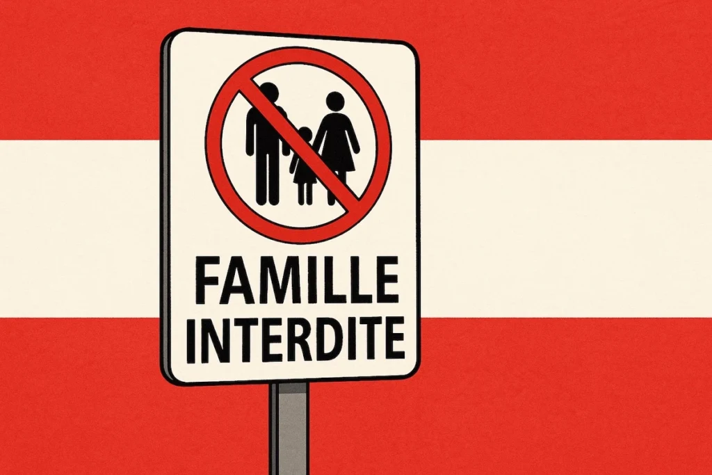 Pancarte "Famille interdite" devant le drapeau autrichien