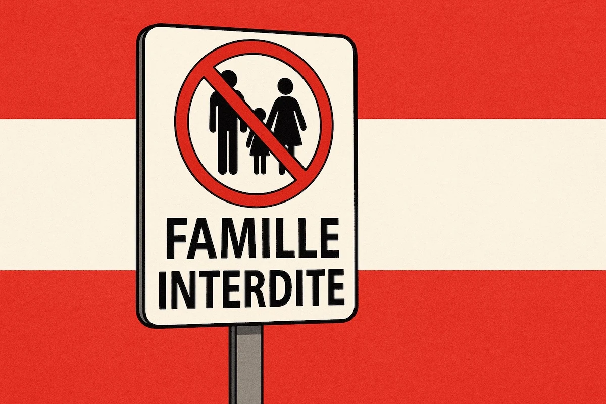 Pancarte "Famille interdite" devant le drapeau autrichien