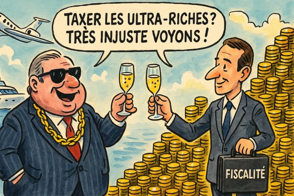 Dessin humoristique d’un milliardaire trinquant avec un ministre devant une montagne d’or