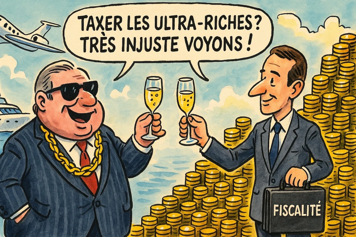 Dessin humoristique d’un milliardaire trinquant avec un ministre devant une montagne d’or
