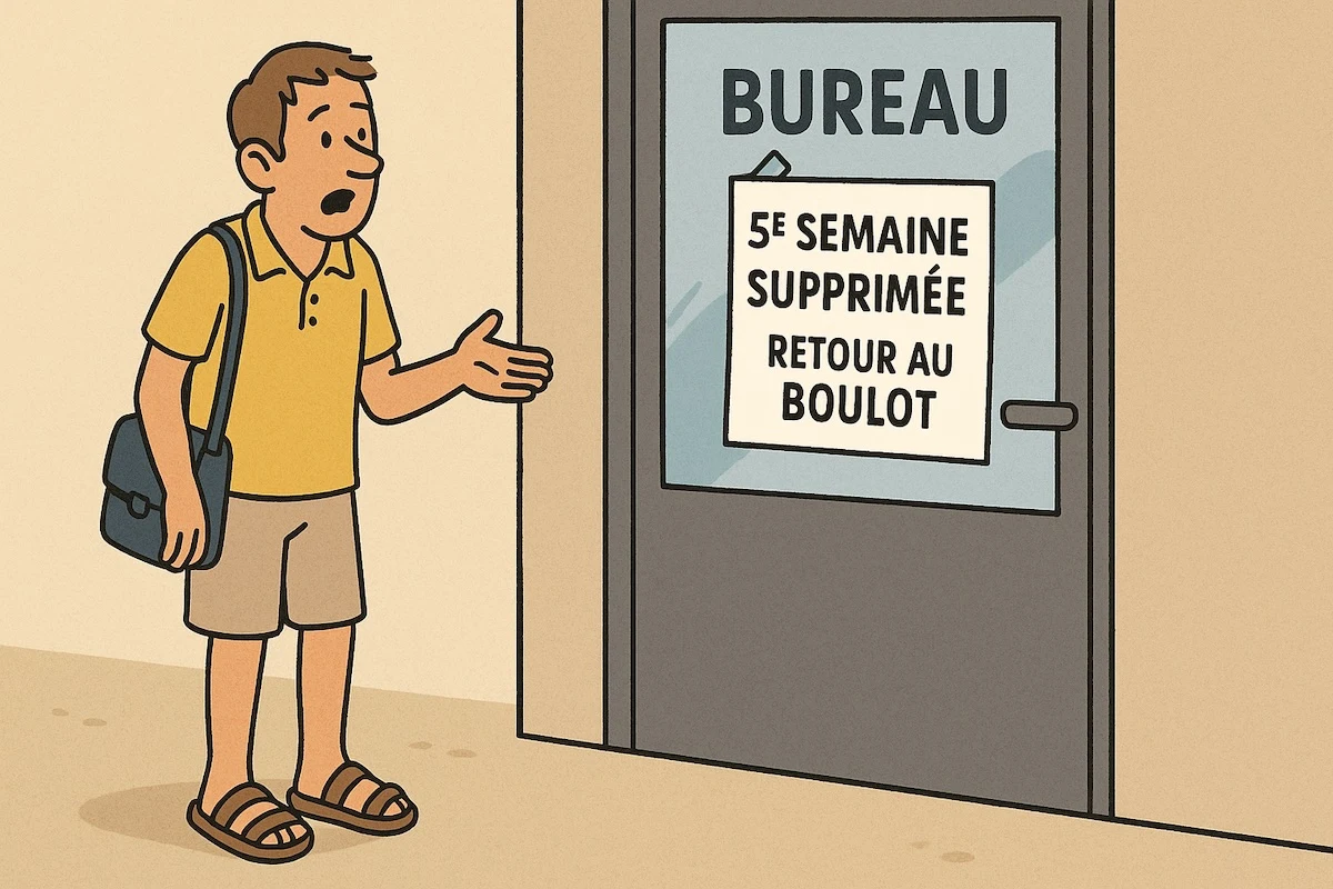 Employé en sandales devant un bureau fermé, pancarte « 5e semaine supprimée, retour au boulot »