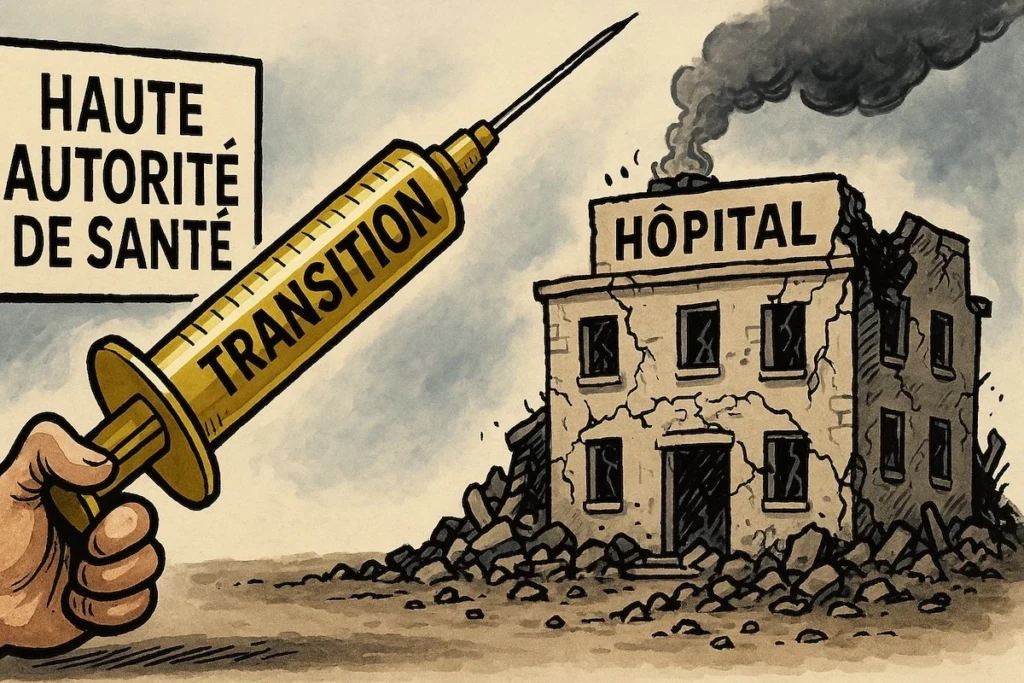 Caricature de la HAS : une seringue “transition” dorée face à un hôpital en ruine