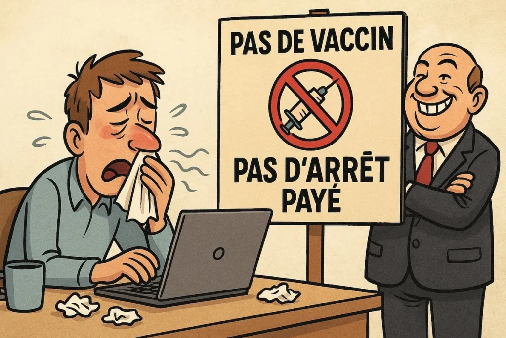 Un salarié enrhumé face à un panneau "Pas de vaccin, pas d’arrêt payé" avec un patron hilare derrière.