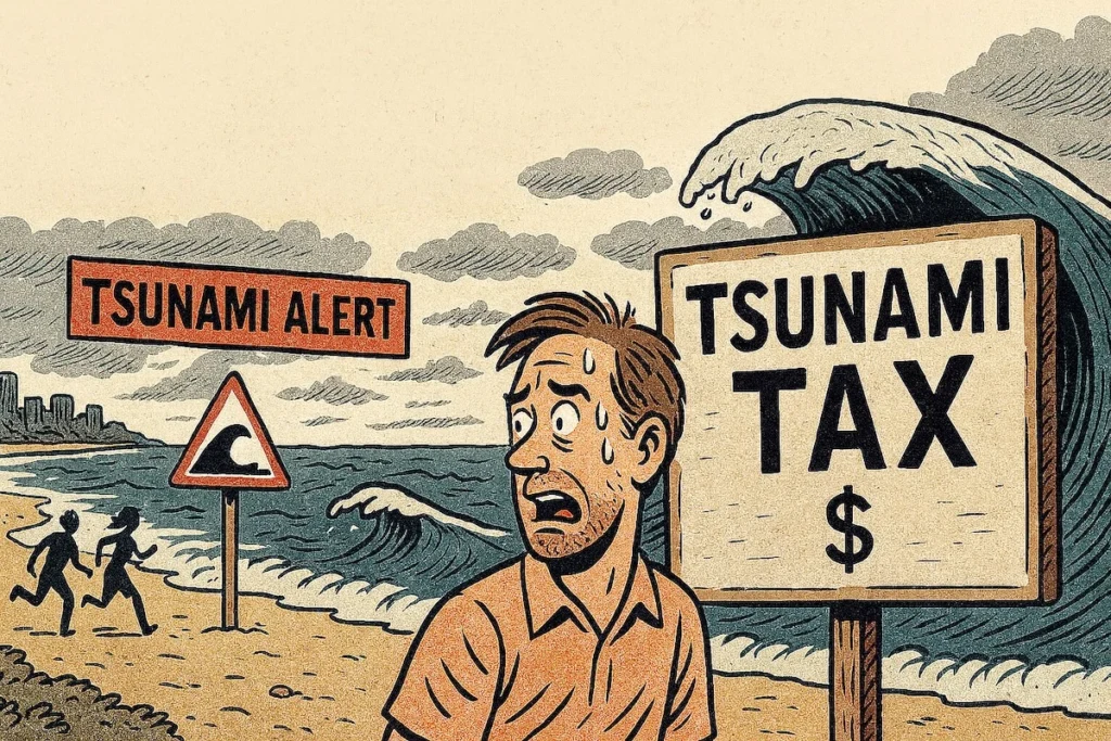 Une plage sous alerte tsunami, illustrée façon film catastrophe, sur fond de strip fiscal.