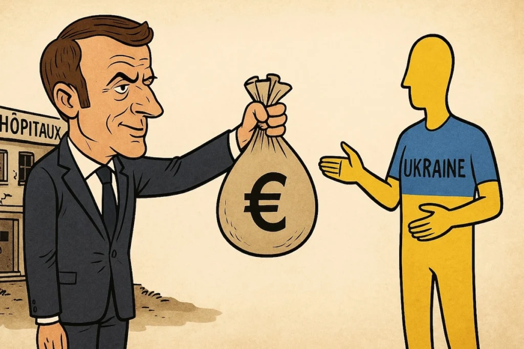 Emmanuel Macron distribuant l’argent des hôpitaux français à l’Ukraine