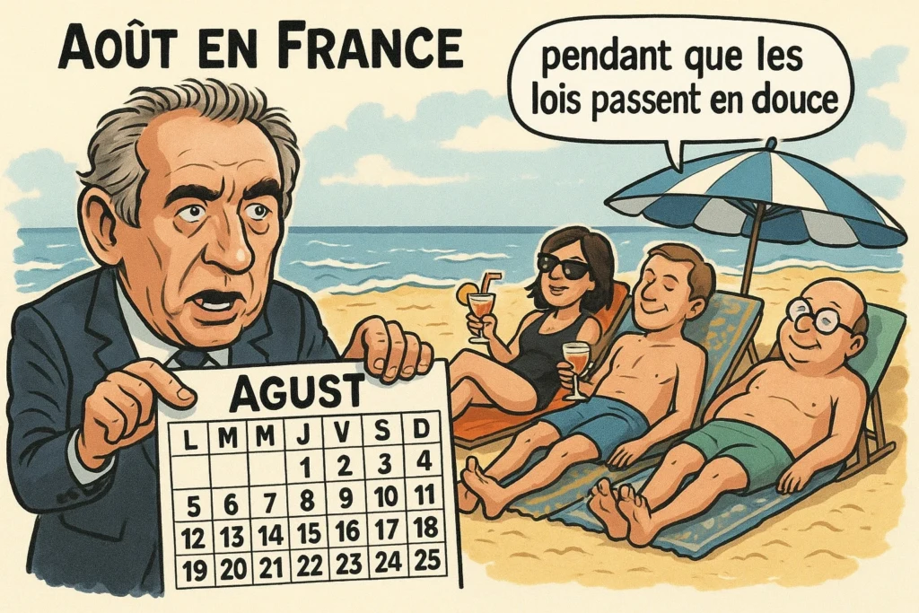 François Bayrou agitant un calendrier d’août pour détourner l’attention.