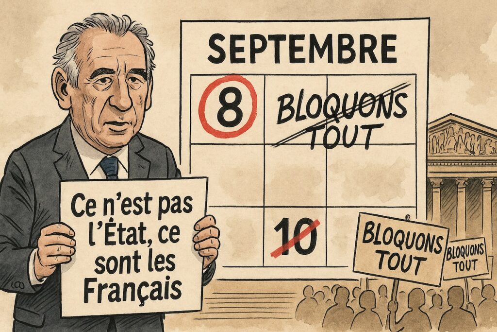 François Bayrou entourant la date du 8 septembre sur un calendrier, pendant que la date du 10 marqué « Bloquons tout » s’efface.